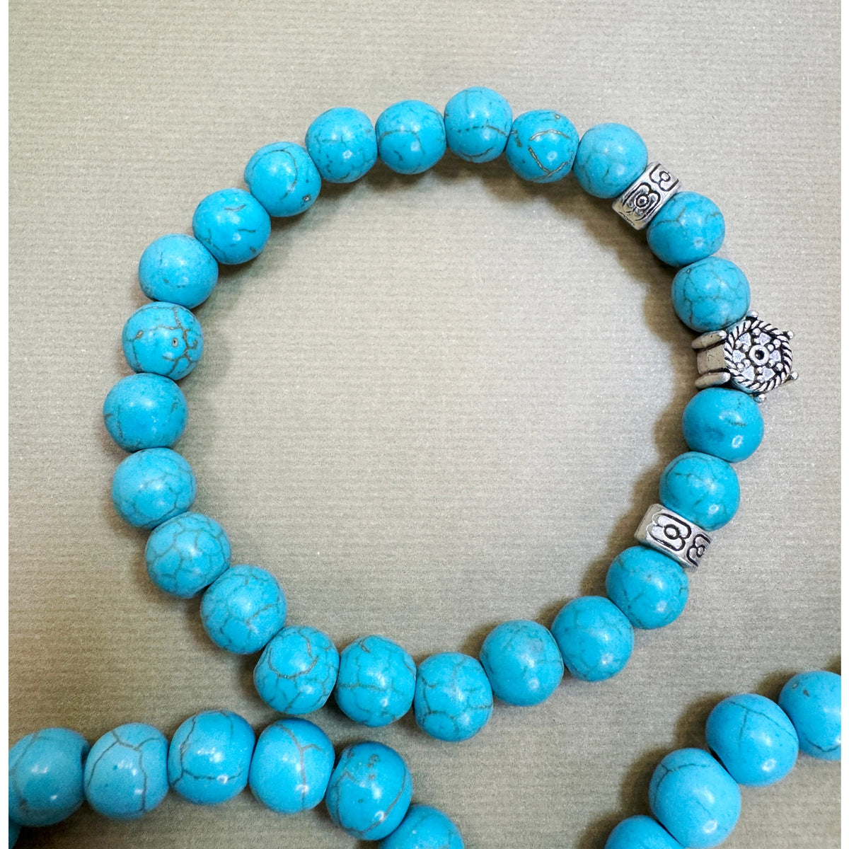 Set of 3 Turquoise Bead Stretch Bracelets Tree Charm Boho Stack