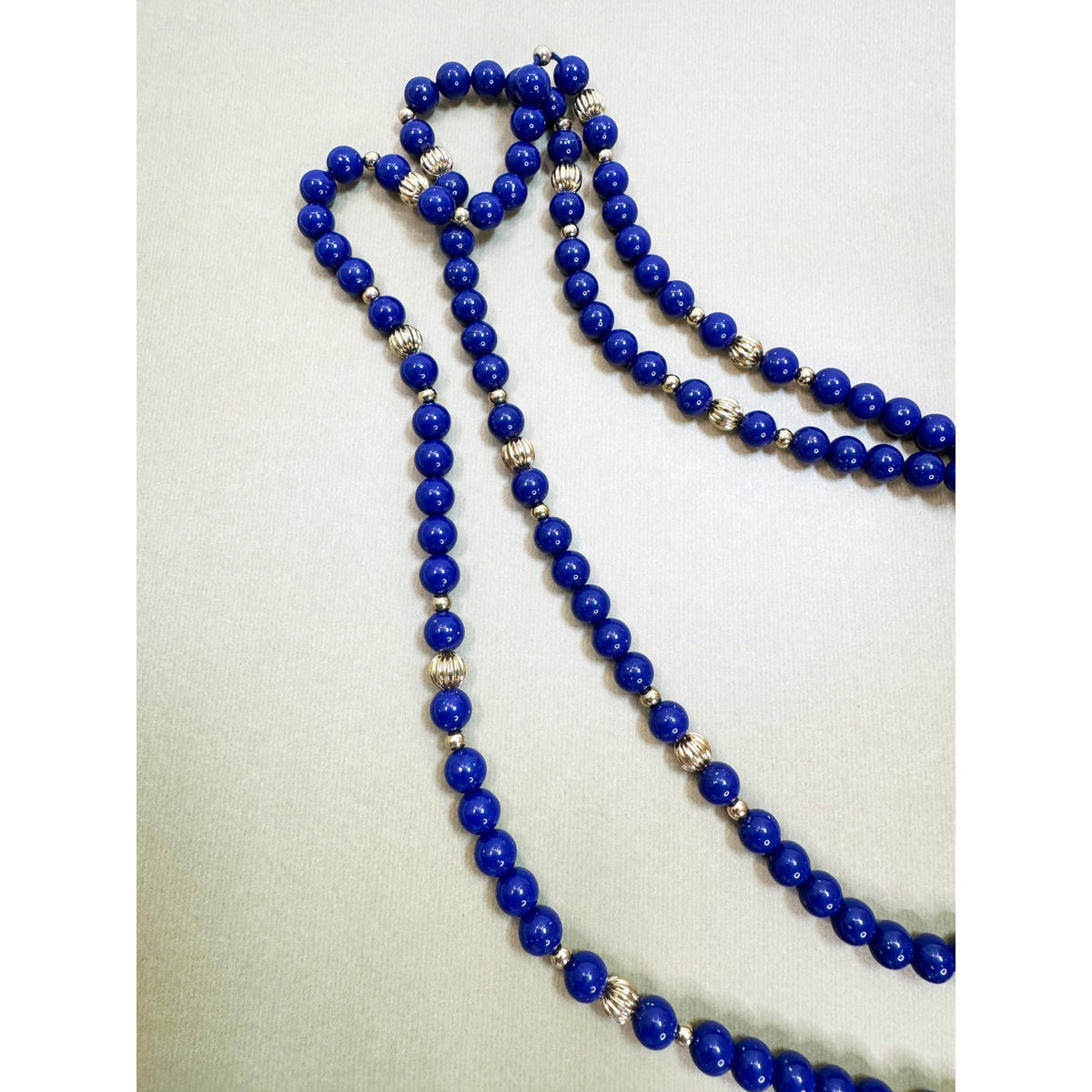 Vintage 44" Cobalt Blue 6mm Bead Necklace Long Strand Silver Tone N414