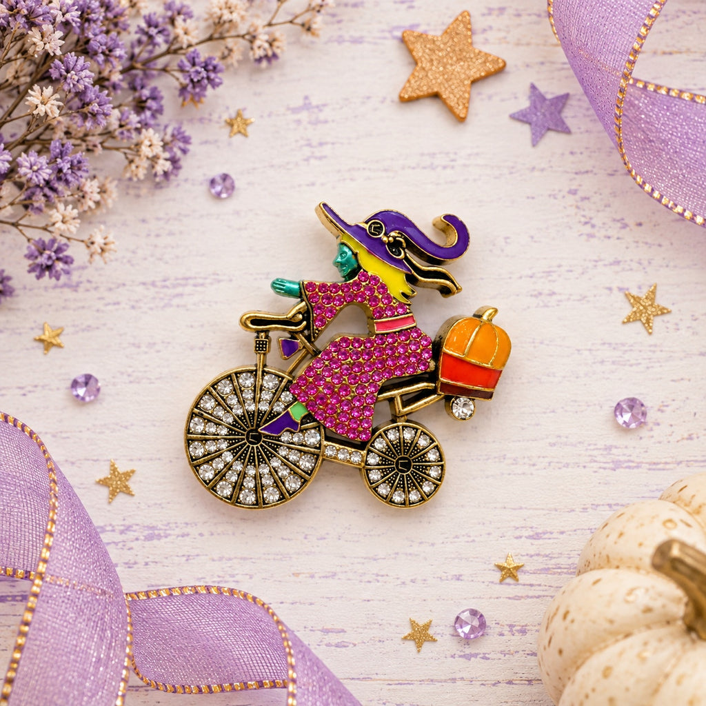 Halloween Witch Bicycle Brooch Rhinestone Enamel Pumpkin Gold Tone Pin CP213