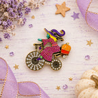 Halloween Witch Bicycle Brooch Rhinestone Enamel Pumpkin Gold Tone Pin CP213