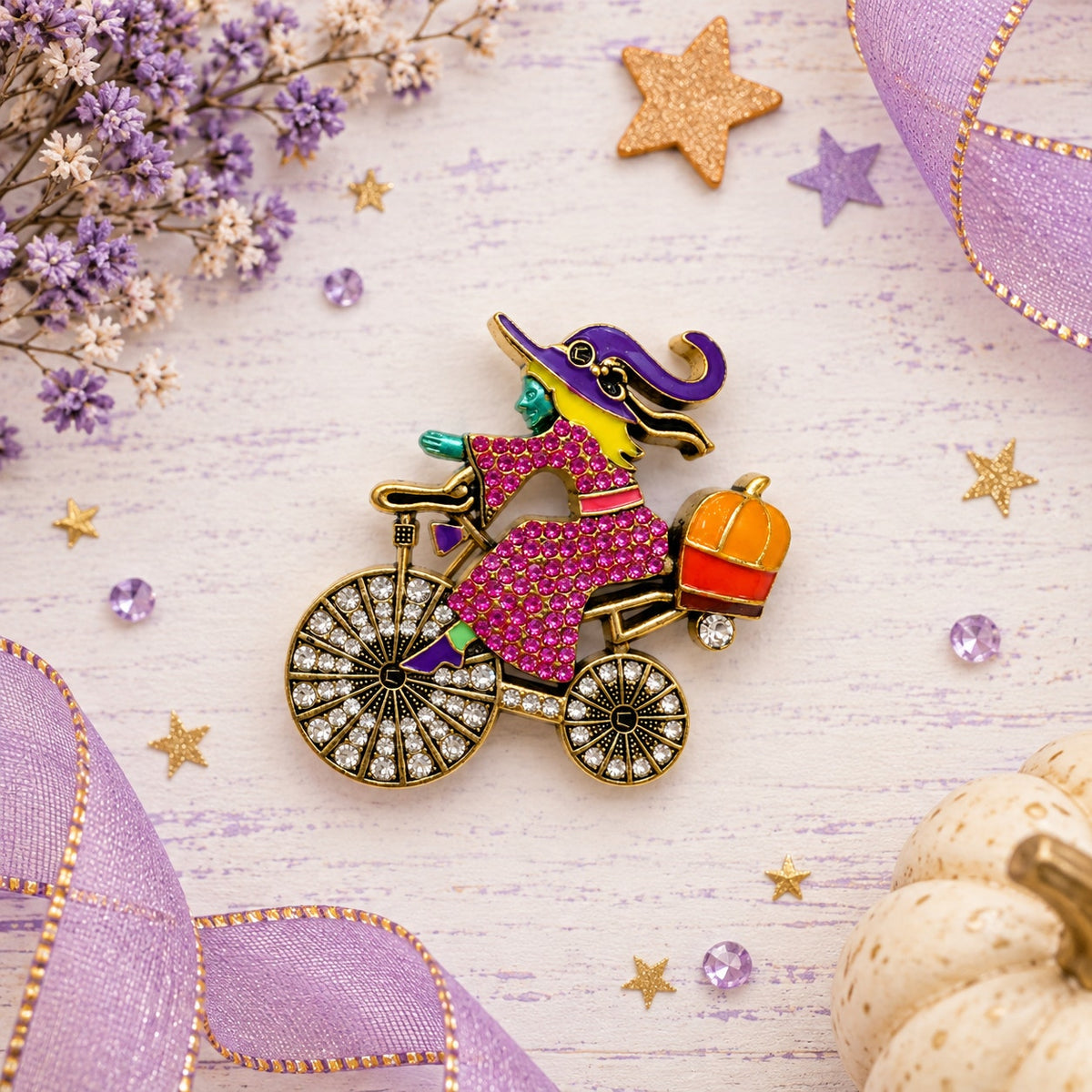 Halloween Witch Bicycle Brooch Rhinestone Enamel Pumpkin Gold Tone Pin CP213
