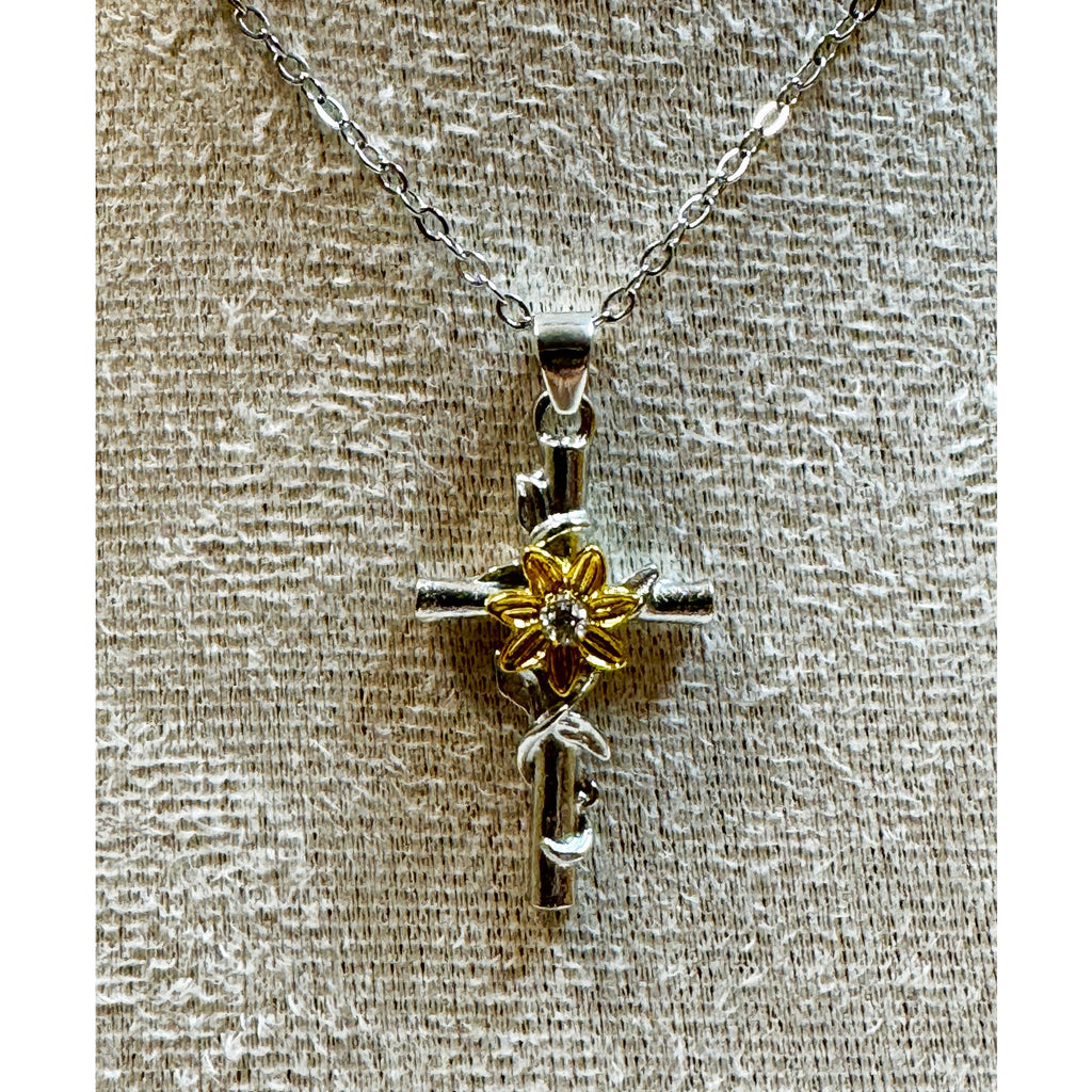 Sunflower Cross Necklace Silver Tone Gold Flower Pendant 16-18"  N370
