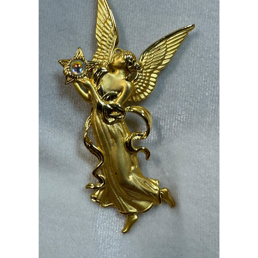 Gold Tone Angel Brooch Pin with Aurora Borealis Star Christmas 3" CP164
