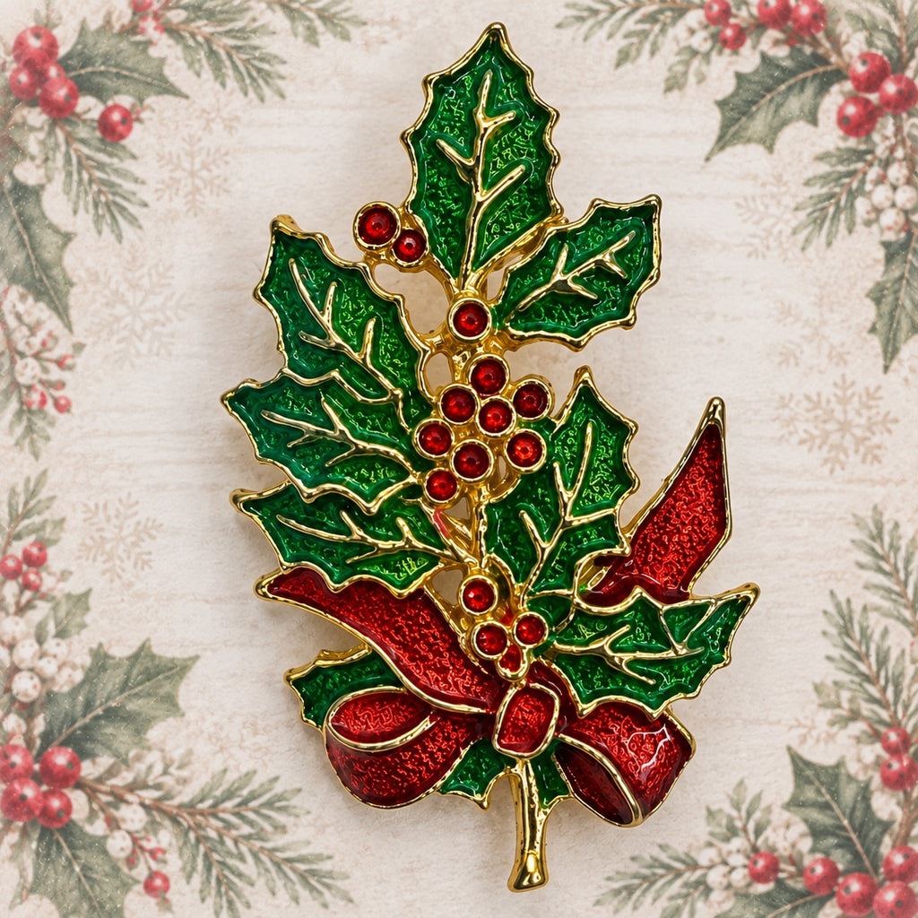 Christmas Holly Brooch Green Red Enamel Rhinestone Gold Tone Holiday Pin CP176