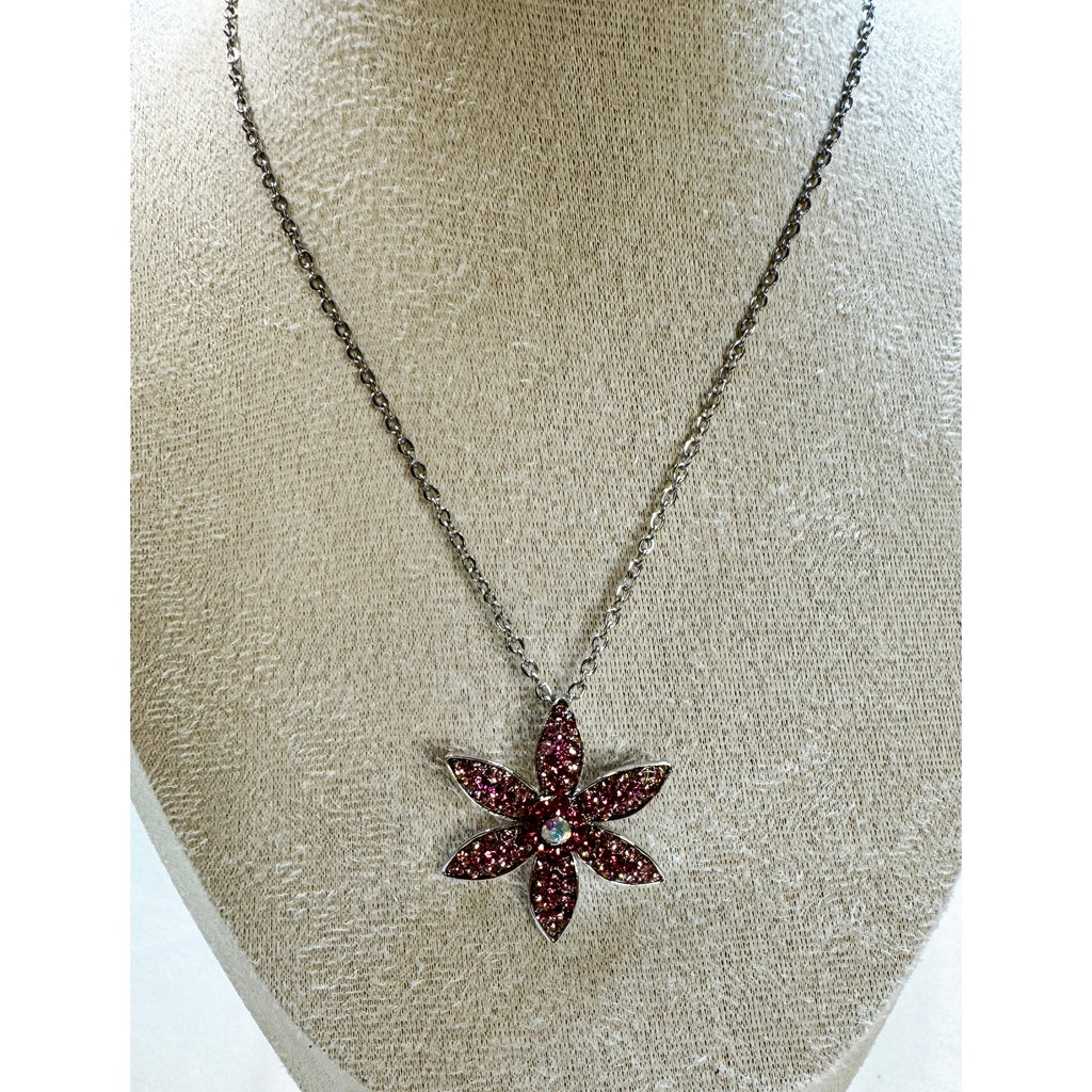 Vintage Pink Rhinestone Flower Pendant Necklace Silver Tone Floral Jewelry N457