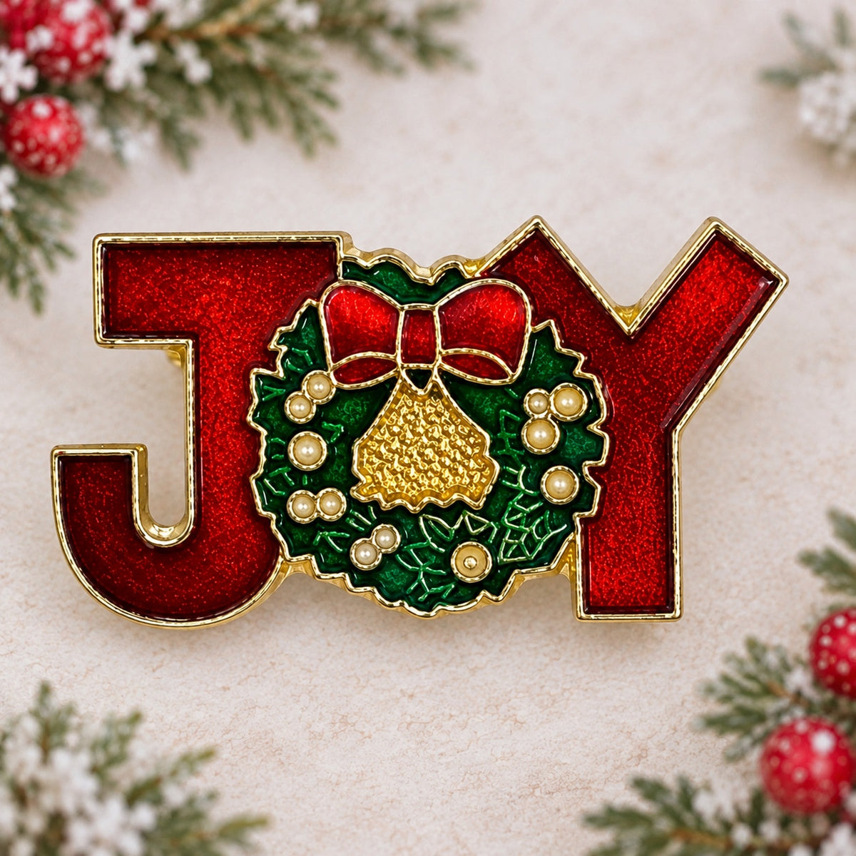 Small JOY Christmas Brooch Red Enamel Wreath Gold Tone Holiday Pin 1 Inch CP174