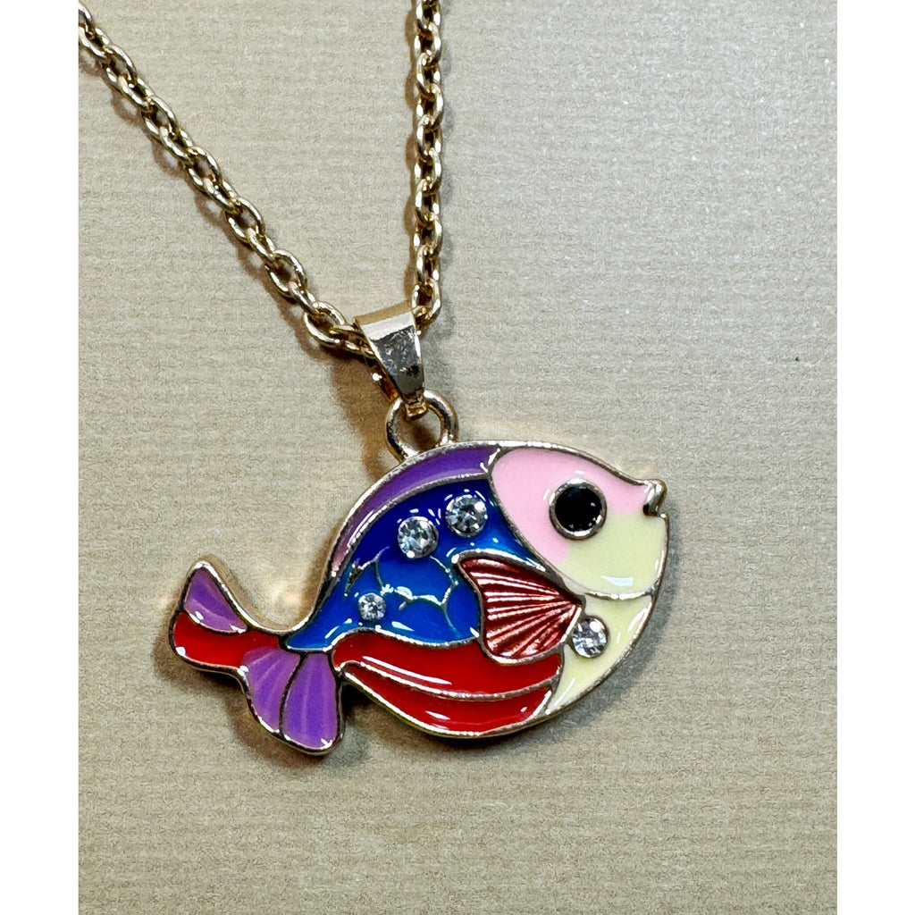 Colorful Tropical Fish Necklace Enamel Pendant Gold Tone Chain 18-20" N304