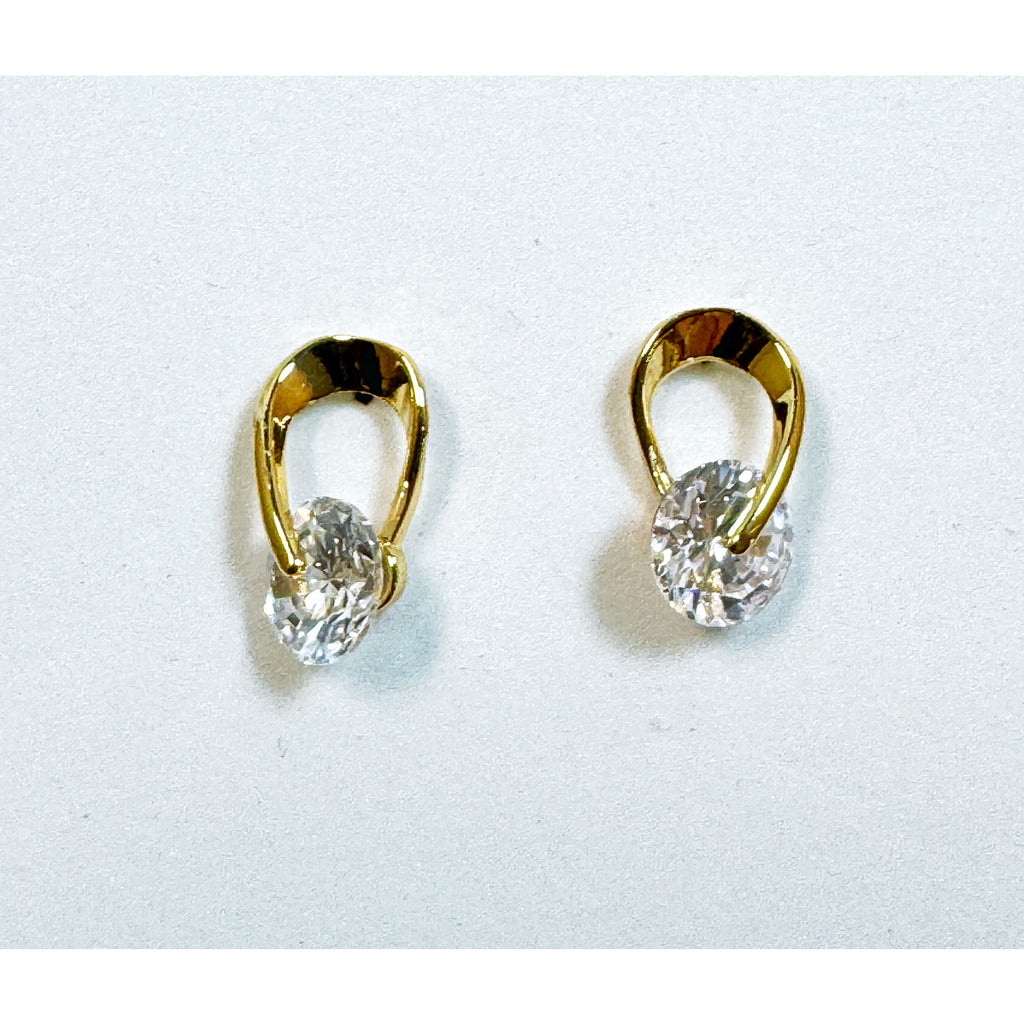 Gold Tone CZ Post Earrings Oval Cubic Zirconia Studs 5/8 x 3/8 Inch E294