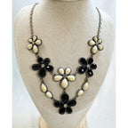 Vintage Black White Flower Bib Necklace Rhinestone 18-20 Statement  N416