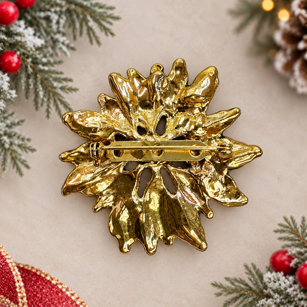 Christmas Poinsettia Brooch Red Green Enamel Gold Tone Holiday Pin CP269
