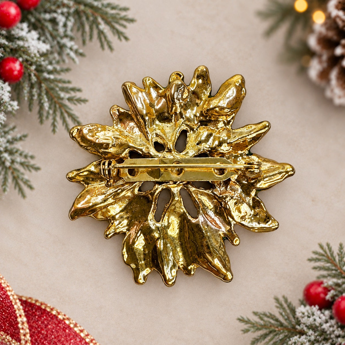 Christmas Poinsettia Brooch Red Green Enamel Gold Tone Holiday Pin CP269