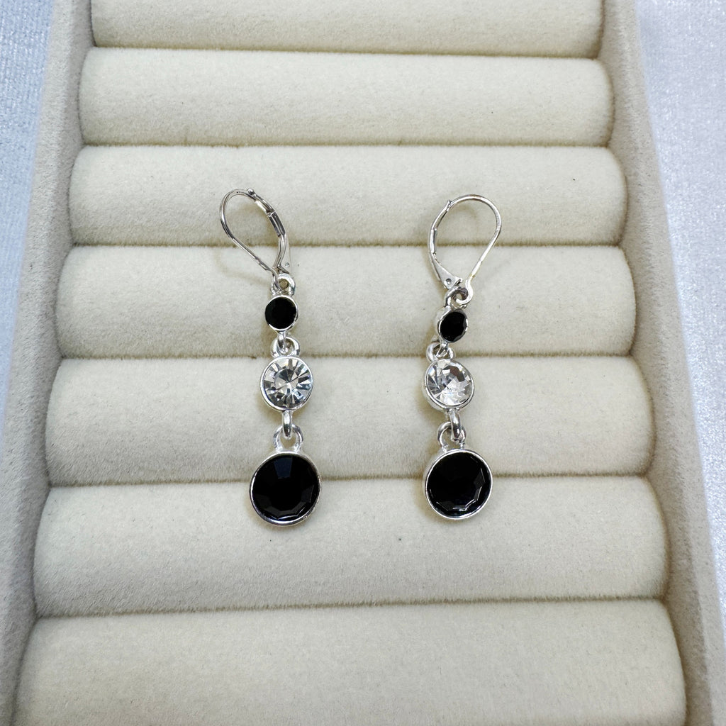 Black & Clear Rhinestone Dangle Earrings Silver Leverback 2.5" Pre-loved E502