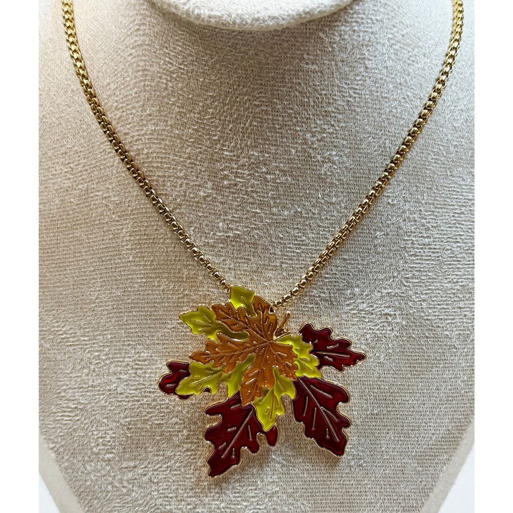 Fall Autumn Leaf Necklace Colorful Enamel Leaves Pendant 22 Inch Chain N369