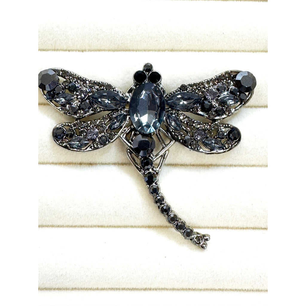 Black Rhinestone Dragonfly Brooch Pin Gunmetal Gray Crystal Insect 2" CP250