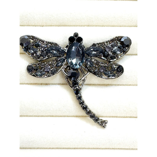 Black Rhinestone Dragonfly Brooch Pin Gunmetal Gray Crystal Insect 2" CP250