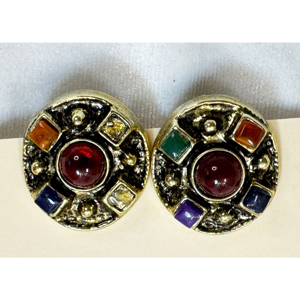 Vintage Colorful Clip On Earrings Gold Tone Cabochon Mosaic 1 x 1.25" E504