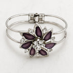 Purple Floral Rhinestone Hinged Bangle Bracelet Silver Tone Statement B168