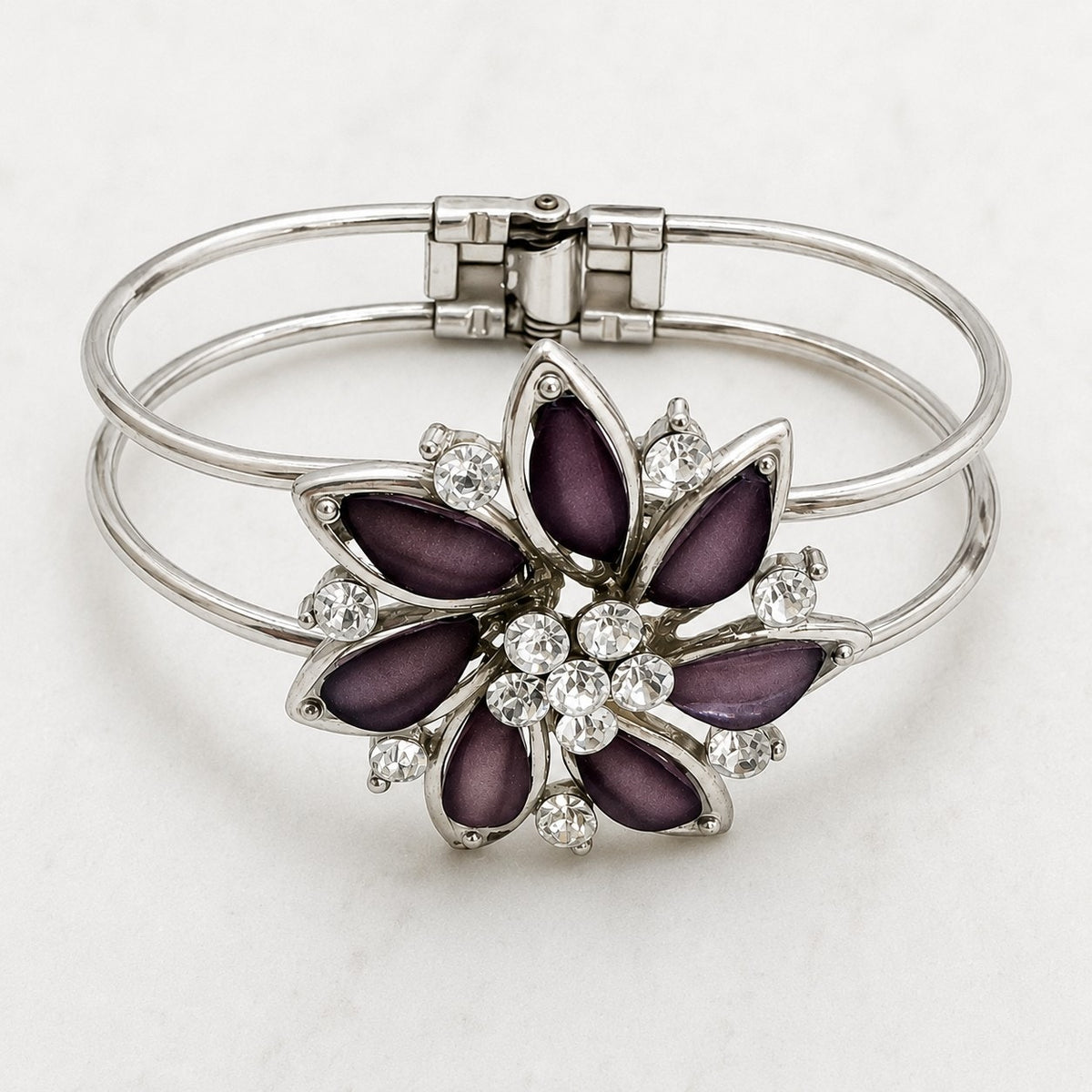 Purple Floral Rhinestone Hinged Bangle Bracelet Silver Tone Statement B168