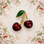 Red Cherry Brooch Pin Gold Tone Green Leaf Fruit Retro Glass Jewelry CP171