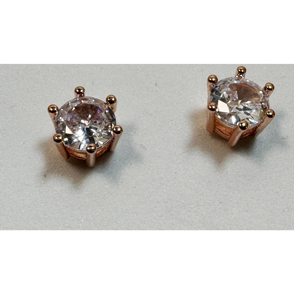 Rose Gold Faux Diamond Stud Earrings 3/8 Inch Round Solitaire Crystal Posts C302