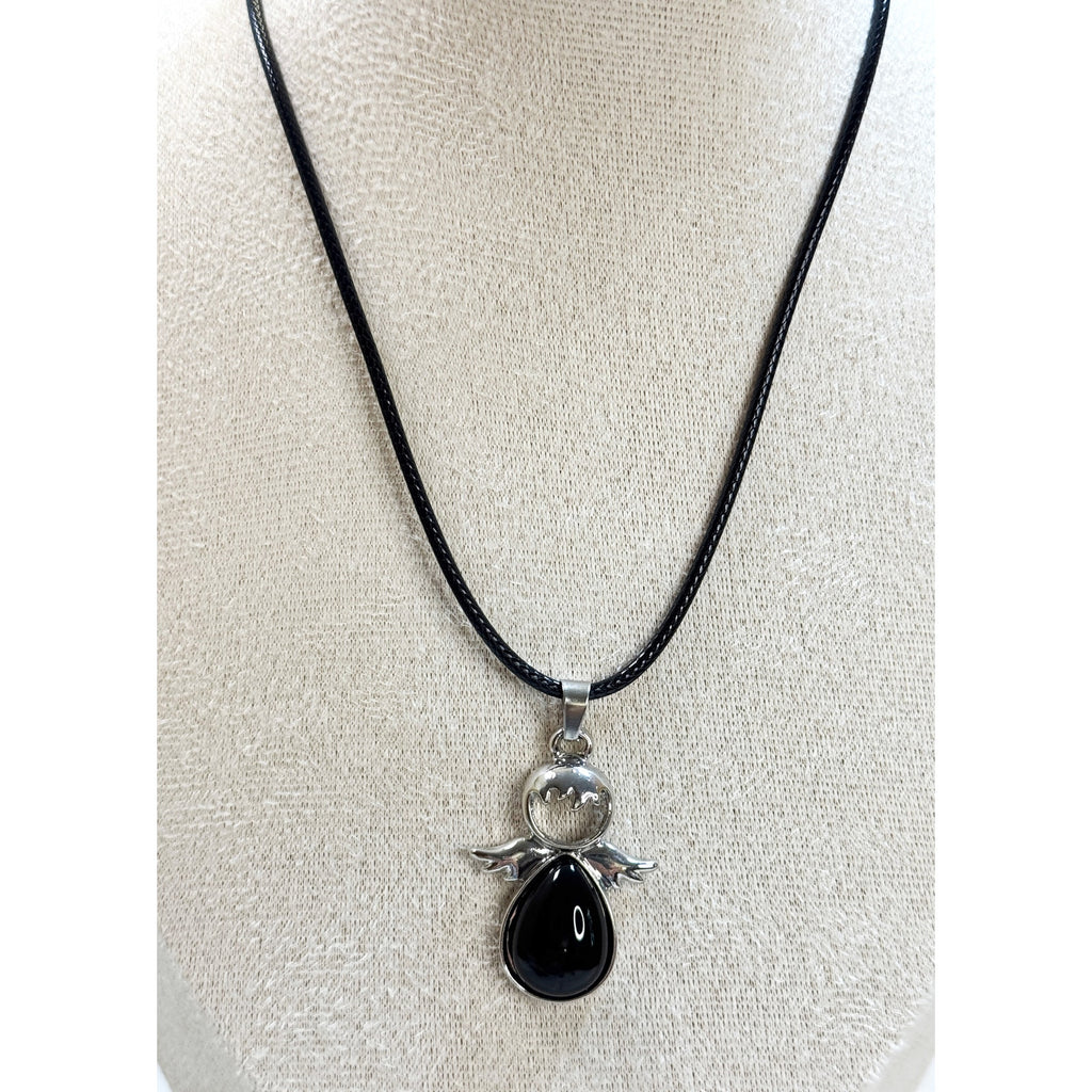 Black Angel Necklace Silver Tone Pendant W/ Stones on a 24" Black Cord 1.5" N546