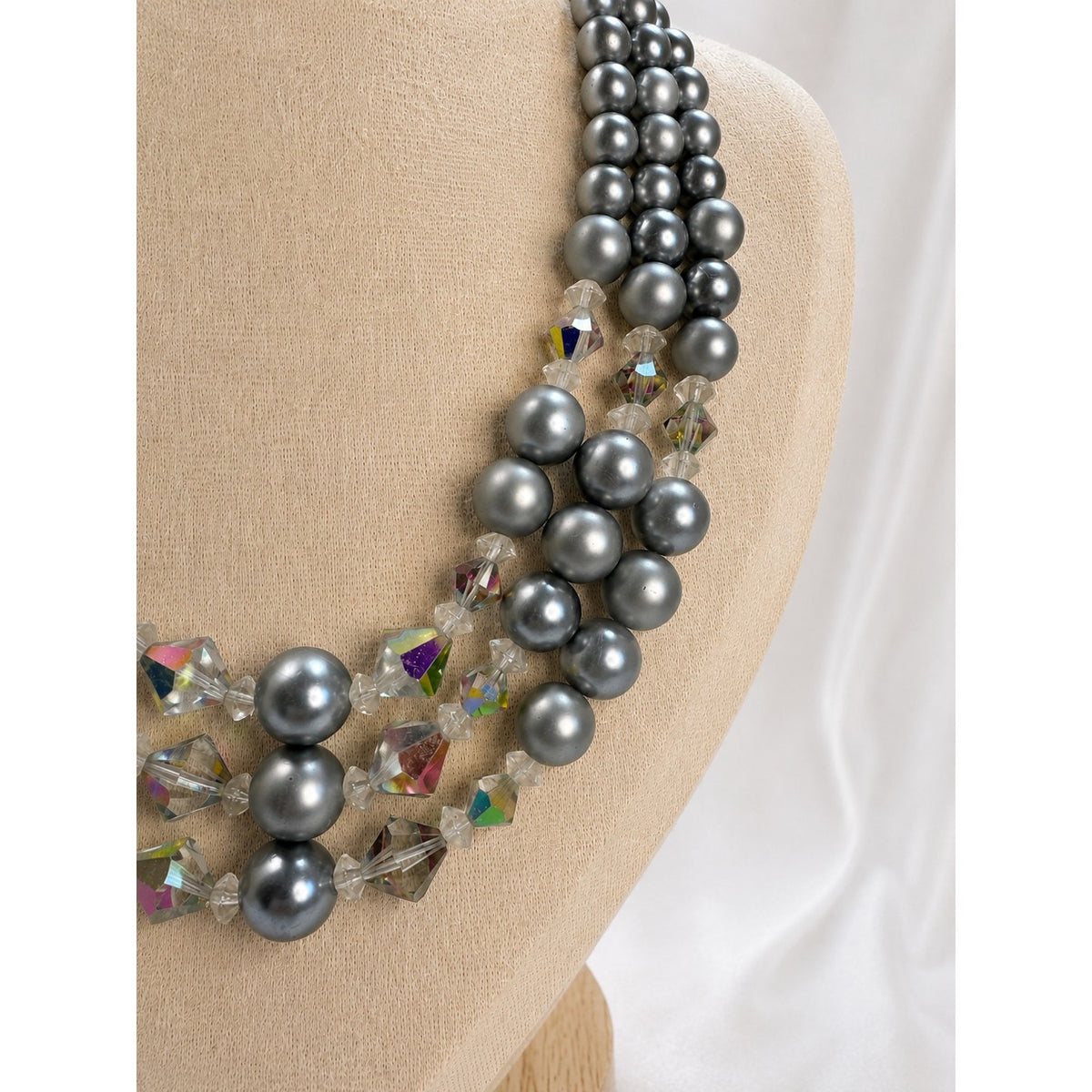 Silver Gray Faux Pearl Crystal Multi Strand Statement Necklace N643