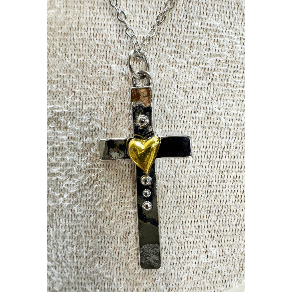 Silver Cross Necklace Gold Heart Accent Christian Faith 18-20" Chain 1.5" N360