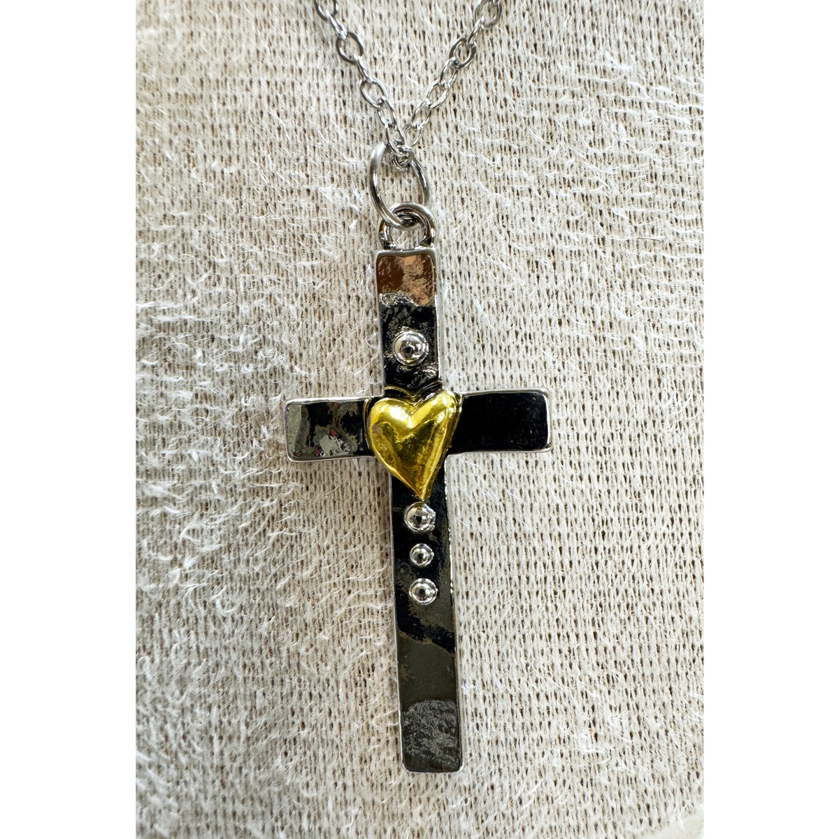 Silver Cross Necklace Gold Heart Accent Christian Faith 18-20" Chain 1.5" N360