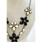 Vintage Black White Flower Bib Necklace Rhinestone 18-20 Statement  N416