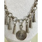 Vintage Silver Tone Statement Necklace Spiral Pendant Fringe 19"  N408