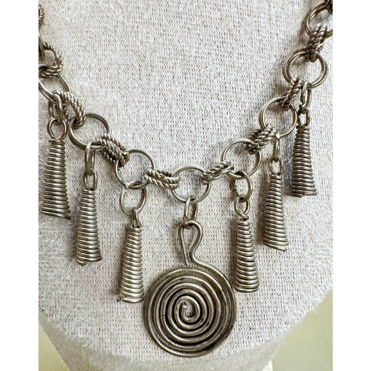 Vintage Silver Tone Statement Necklace Spiral Pendant Fringe 19"  N408