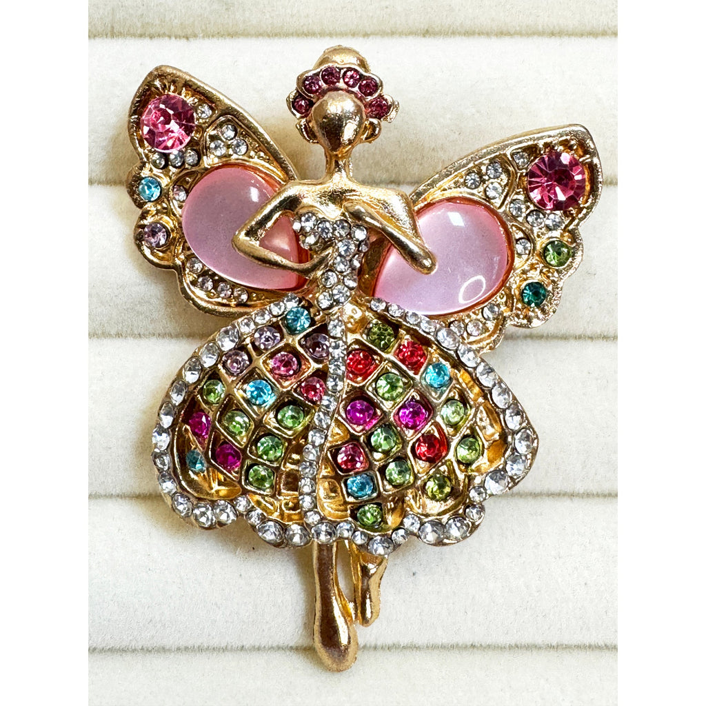 Rhinestone Fairy Ballerina Brooch Gold Tone Pink Wings 2.5" Pin CP246