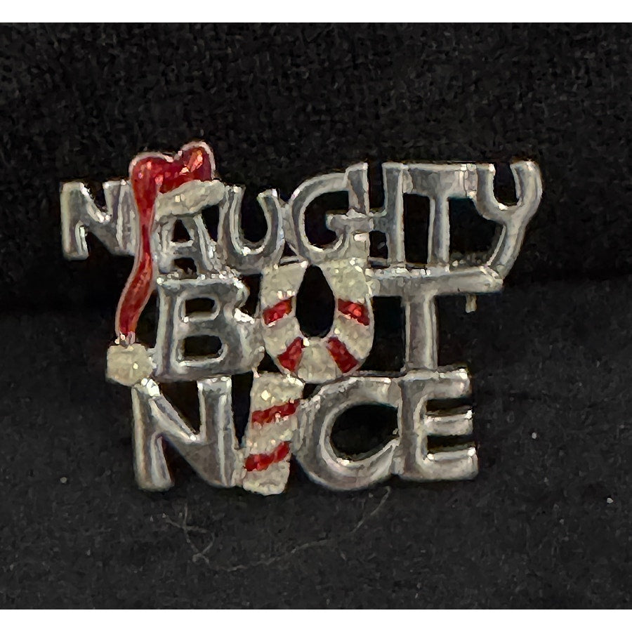 Naughty But Nice Christmas Enamel Pin Red & Silver Holiday Brooch CP121
