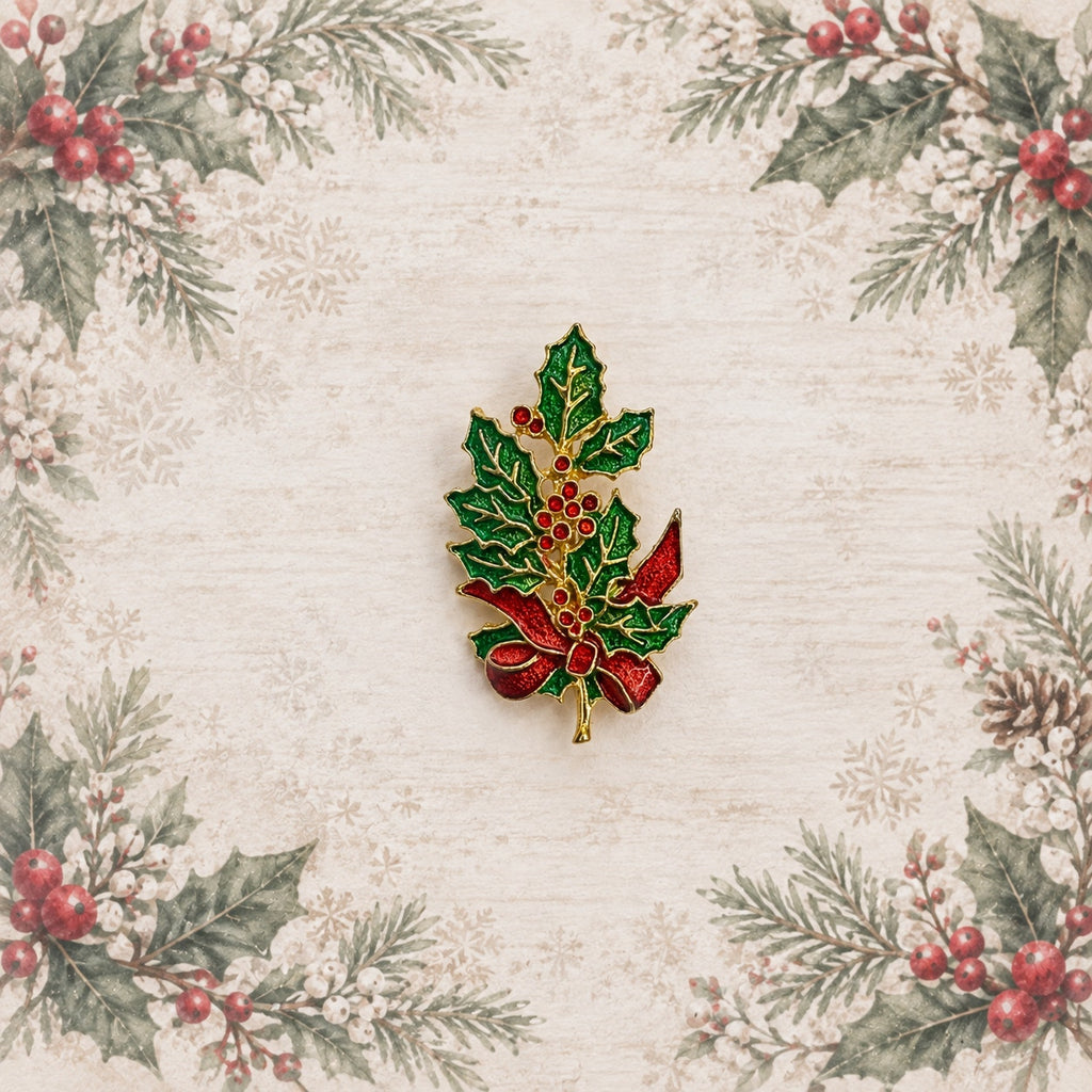 Christmas Holly Brooch Green Red Enamel Rhinestone Gold Tone Holiday Pin CP176