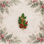 Christmas Holly Brooch Green Red Enamel Rhinestone Gold Tone Holiday Pin CP176
