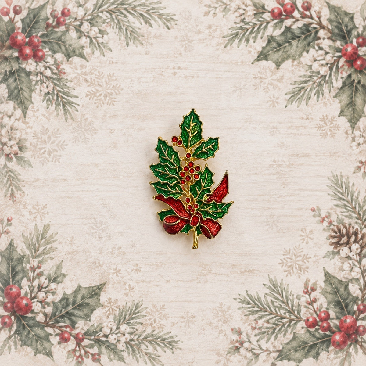 Christmas Holly Brooch Green Red Enamel Rhinestone Gold Tone Holiday Pin CP176