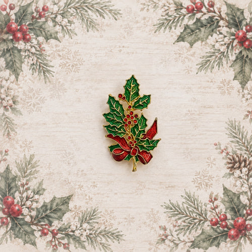 Christmas Holly Brooch Green Red Enamel Rhinestone Gold Tone Holiday Pin CP176