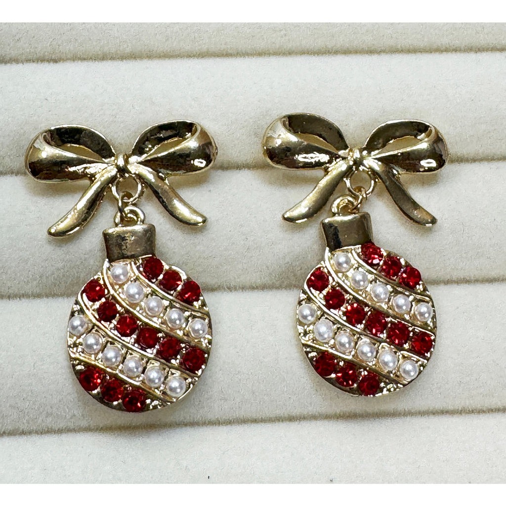 Christmas Ornament Bow Earrings Gold Tone Red Rhinestone Faux Pearl Posts 1.5"