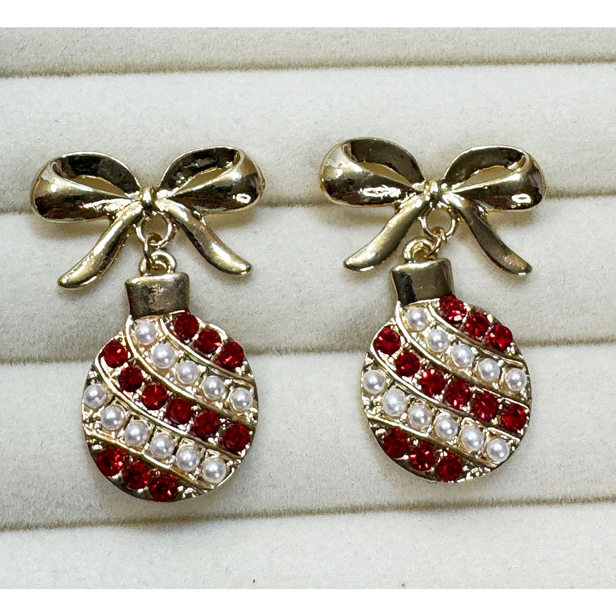 Christmas Ornament Bow Earrings Gold Tone Red Rhinestone Faux Pearl Posts 1.5"