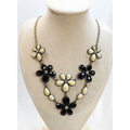 Vintage Black White Flower Bib Necklace Rhinestone 18-20 Statement  N416