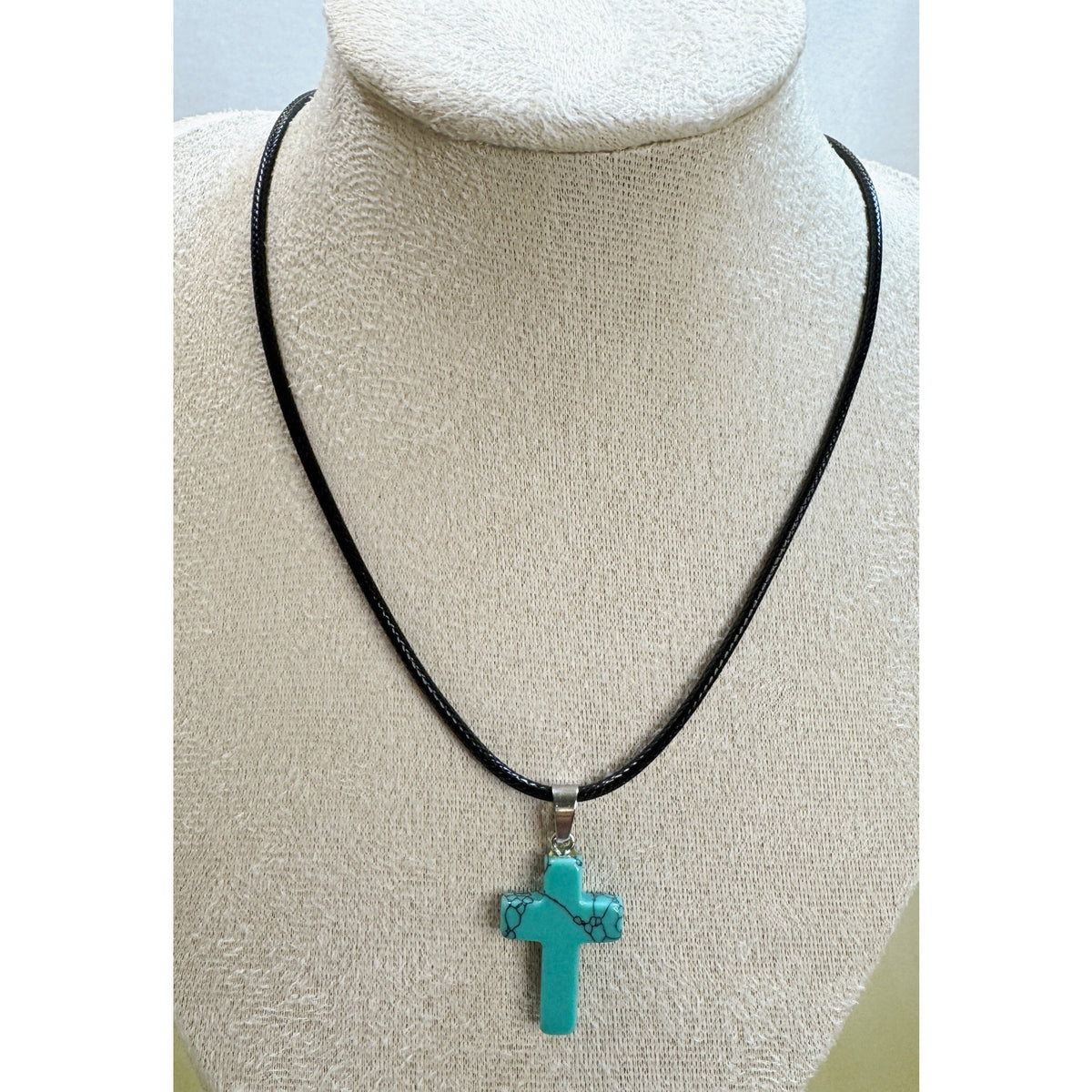 FauxTurquoise Cross Pendant Necklace 24" Black Cord Christian Gift Boho N530