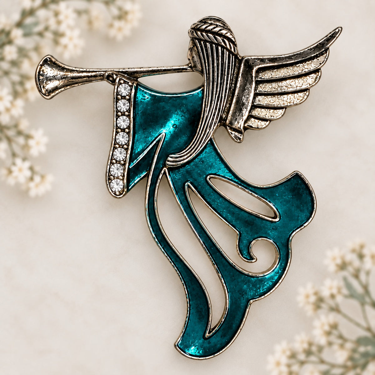 Vintage Teal Enamel Angel Trumpet Brooch Rhinestone Silver Holiday Pin CP171