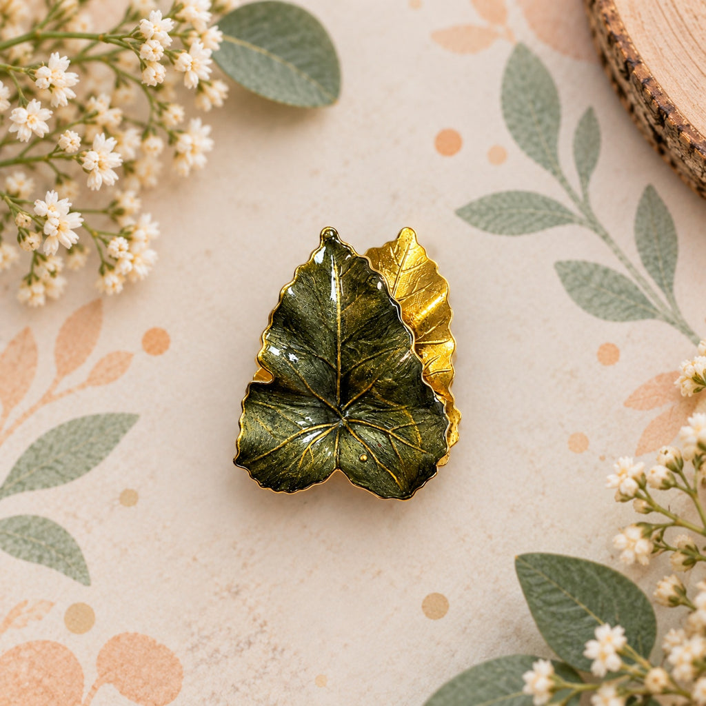 Green Enamel Double Leaf Brooch Gold Tone Textured Botanical Vintage Pin CP208
