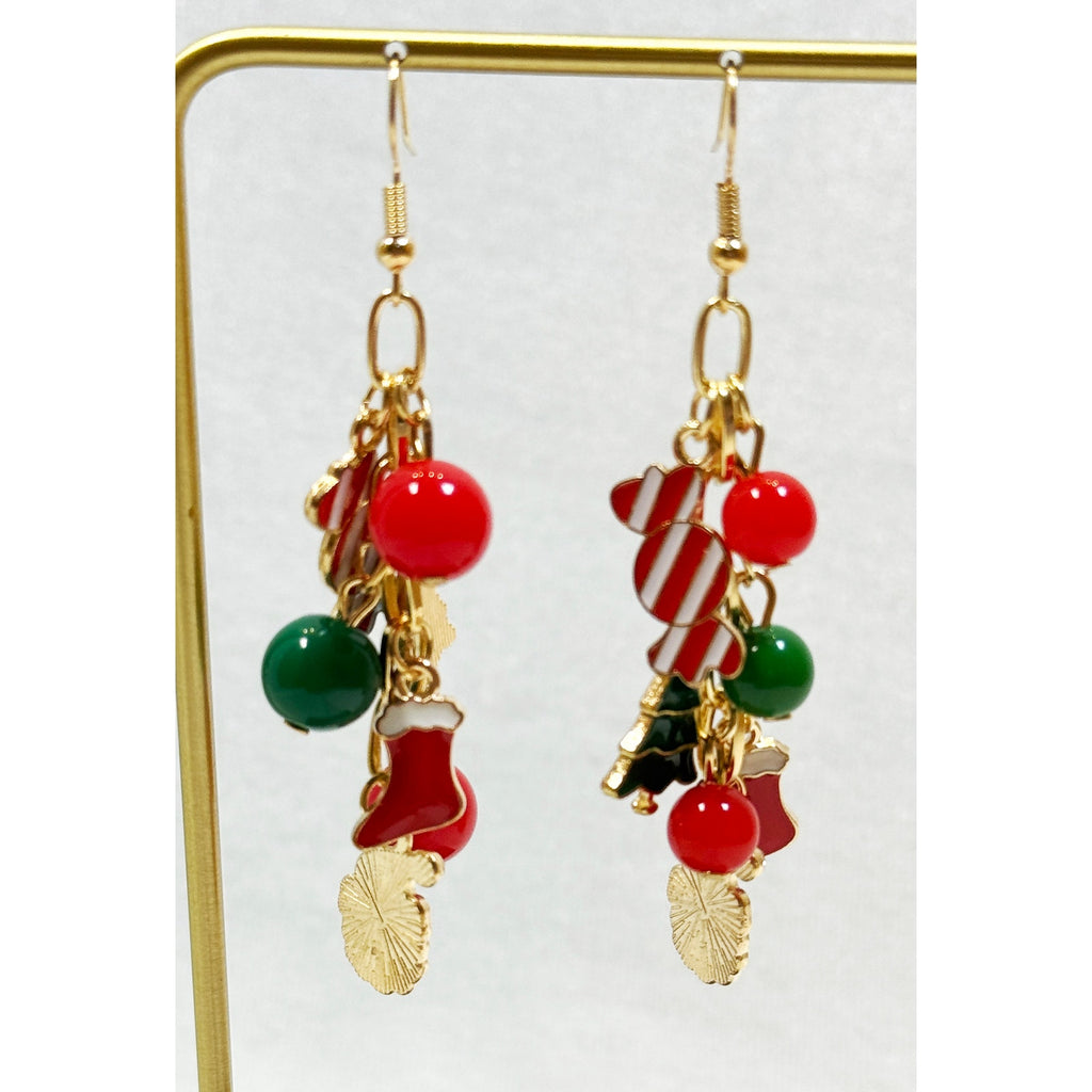 Christmas Charm Dangle Earrings Red Green Holiday Beaded Earrings 3.5" Long E383