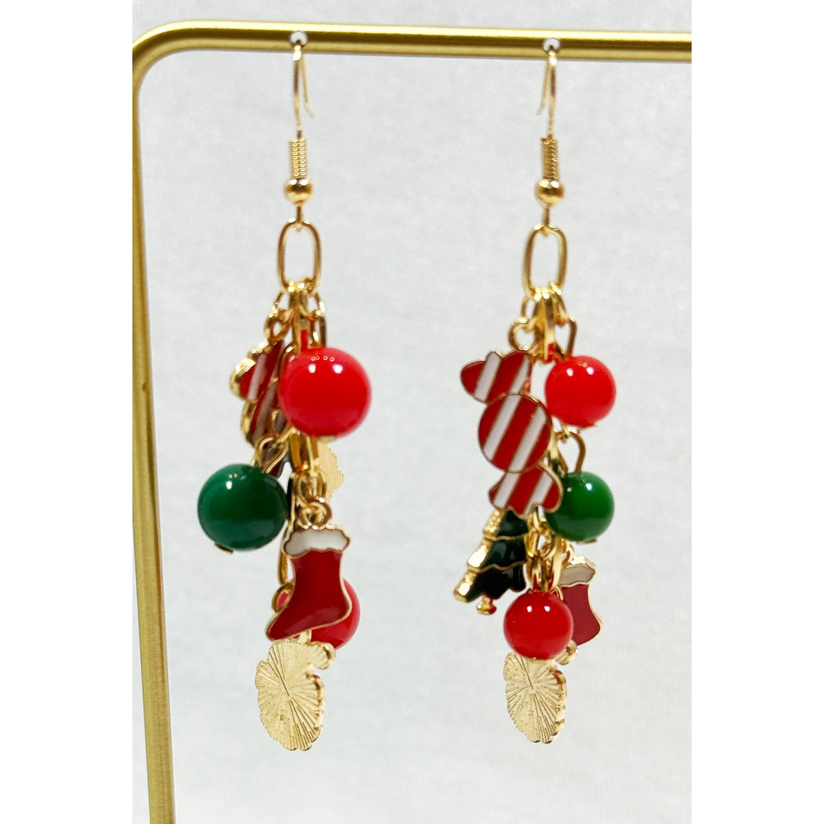 Christmas Charm Dangle Earrings Red Green Holiday Beaded Earrings 3.5" Long E383