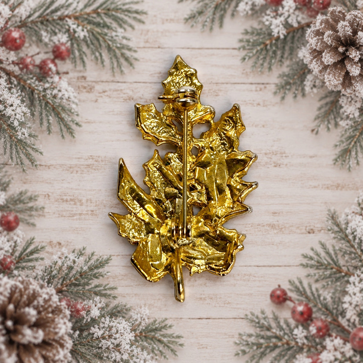 Christmas Holly Brooch Green Red Enamel Rhinestone Gold Tone Holiday Pin CP176