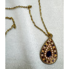 Vintage Gold Tone Teardrop Pendant Necklace Faux Pearl & Black Accent N470