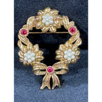 Gold-Tone Christmas Wreath Brooch Seed Pearl Flowers & Pink Stones 1.5″
