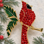 Red Cardinal Rhinestone Brooch Pin Gold Tone Christmas Bird Holly 2.25" CP170