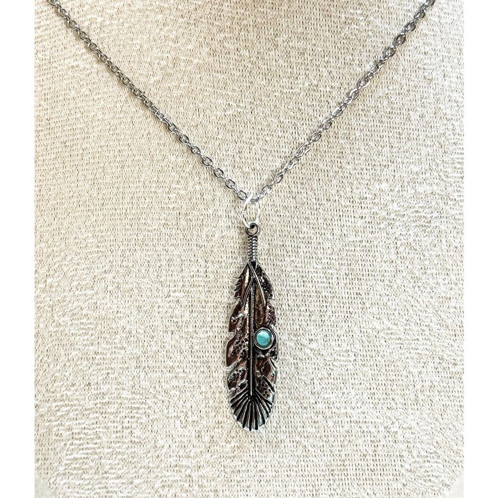 Silver Feather Pendant Necklace Turquoise Accent Boho Southwestern Style N451